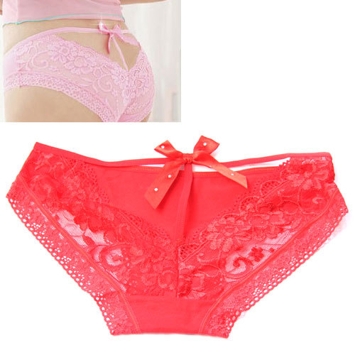 Free shipping Woman Lady Red Sexy Princess Lace Diamond Bow Deep V-exposed Thigh Sexy underwear Panty Thong 901959-A27-03-09