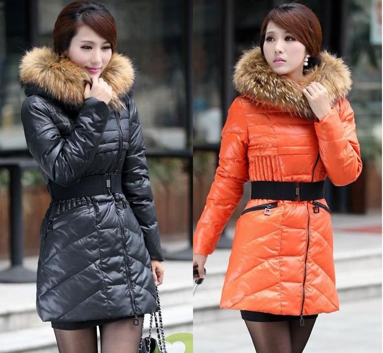 Free Shipping Woman's Big Raccoon Fur Collar Slim  Down Jacket t Medium-Long Down Coat Outerwear Lady 91% White Duck Down JK-104