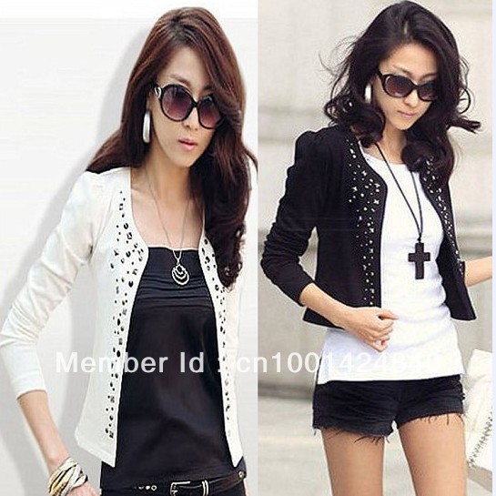 Free Shipping Woman's Blazer Long Sleeve Shrug Suits Rivert Leisure Jacket Slim Elegant Black White Coat A008