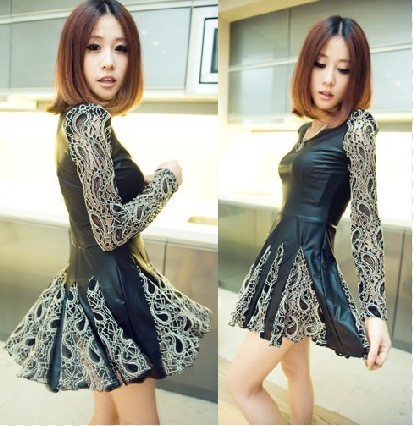 Free shipping women 2012 autumn winter sexty clubwear princess expansion disk flowers lace leather patchwork shoulder pads dress