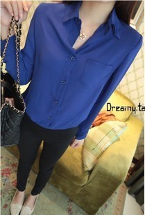 Free shipping women 2012 fashion vintage solided color turn down collar chiffon long-sleeve body shirt top blouses