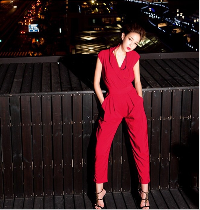 Free shipping women 2013 jumpsuit coveralls pocket  trousers & women's V-neck black clothing red elastic jumpsuits