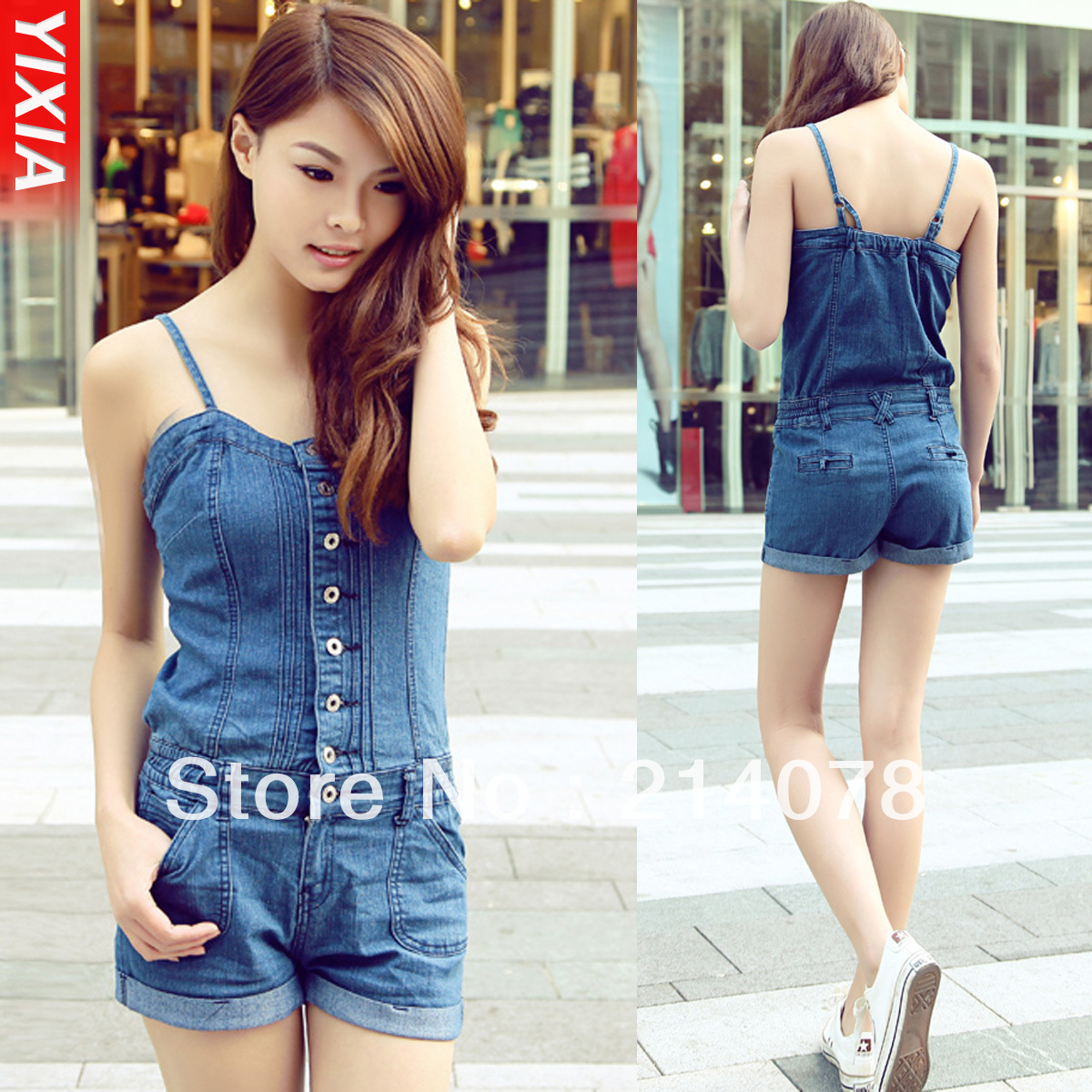 Free shipping women 2013 spring and summer roll-up hem spaghetti strap sexy denim jumpsuit / rompers