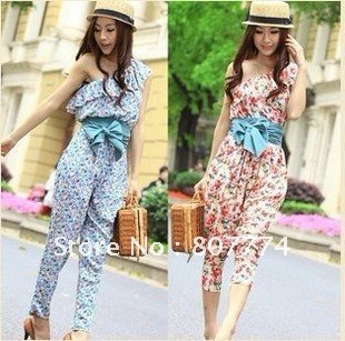 FREE SHIPPING  women Asian floral jumpersuit frilled one shoulder romper blue/pink hot sale  mix order