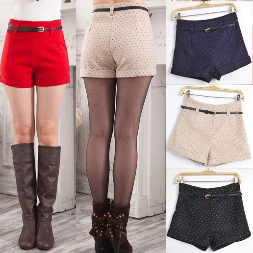 Free Shipping Women Autumn / Winter Woolen Short pants Fashion polka dot high waist shorts with belt S2478 Size S M L 4 colors