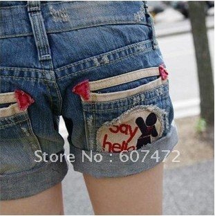 Free shipping Women behind the fold flange pattern shorts denim jeans shorts 305-8853