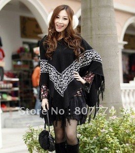 FREE SHIPPING women black fringe sweater snnowsflake knitted poncho quality guarantee cape outwear hot sale promotion