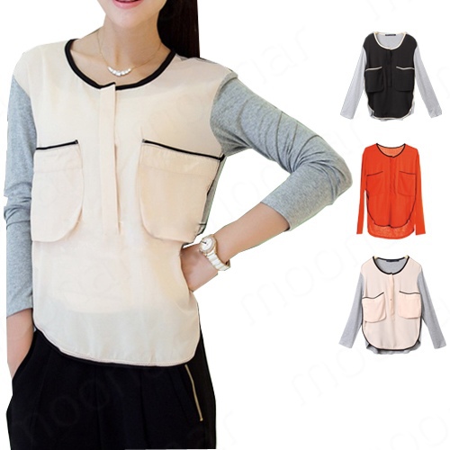 Free Shipping Women Casual Fashion Splicing Big Pocket Button Down Collarless Blouses E0952 drop shipping