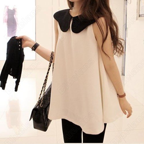 Free Shipping Women Chiffon Big Turn-down Collar Loose Mini Dress Chic Sleeveless Tops