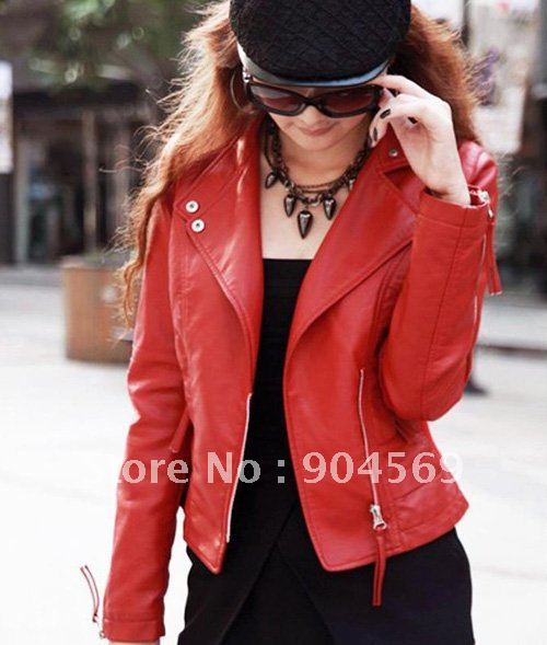 Free shipping Women Classic short Motorcycle PU leather jacket red black blue Womens faux leather jackets high quality hot sell