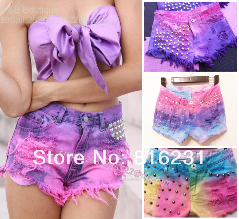 Free shipping women colorful spike rivet shorts  fluorescence gradients denim shorts tie dye technis burrs jeans shorts 656