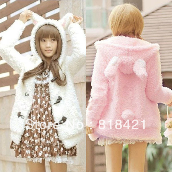 Free shipping Women Cute Bear Hoodie Jackets Faux Fur Furry Buttons Coat Hooded Warm Outerwear