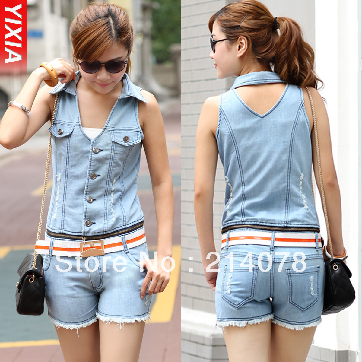 Free shipping women denim jumpsuit set with free belt  one tank blouse + one short / rompers