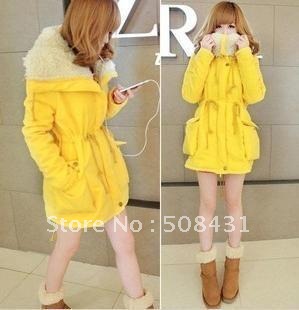 free shipping women down parkas long Clothing 2012 winter candy bright yellow thermal drawstring cotton-padded coat