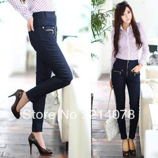 free shipping women elastic denim pants female high-waist zipper pockets skinny jeans / trousers