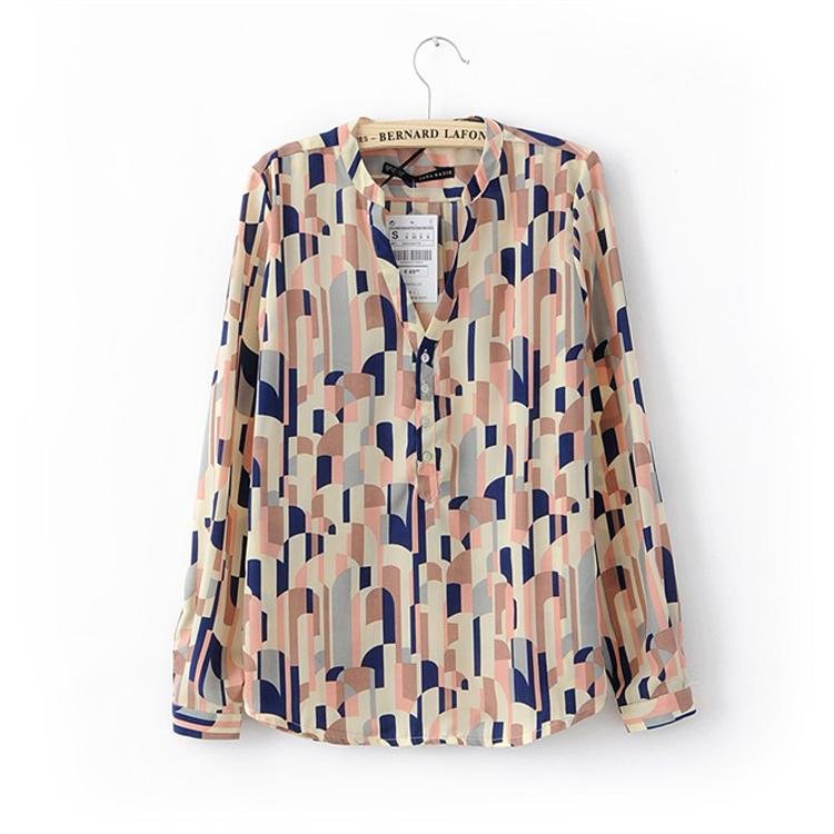 Free shipping Women fashion color blocking long sleeve chiffon blouse lady silk shirt  women's OL Collar shirts