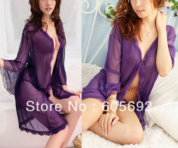 Free Shipping Women Fashion New Sexy Nightwear Purple Lingerie Sheer Mesh Bath Robe Sleepwear Dress + G String S166