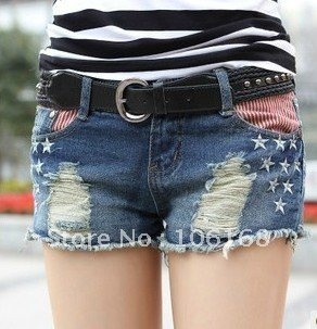 Free Shipping Women fashion Summer Embroidery Navy wind stars stripes flag denim shorts 585 jeans