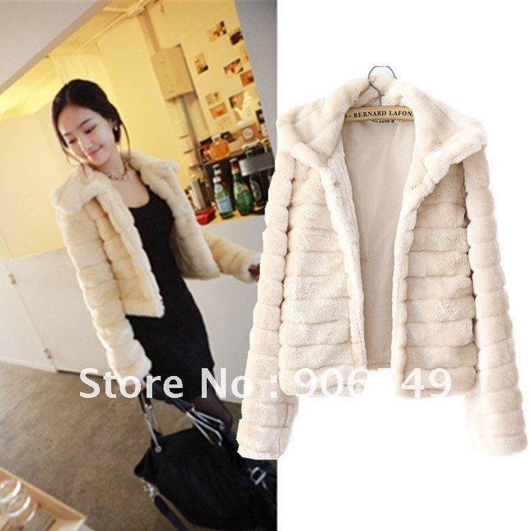 Free shipping Women Faux Fur Short Jackets Fashion Ladies Casual Dress Coat Winter Beige Fluffy Outwear