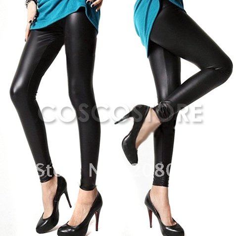 Free shipping Women Faux Leather Ankle Length Footless Pantyhose Legging Tregging Tight Skinny Slim One Size Black