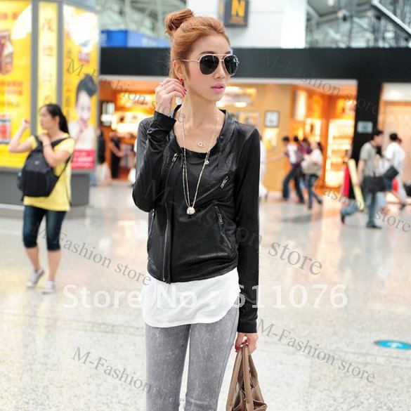 free shipping women faux leather Blazer Thin Soft Jacket cropped PU leather jacket outerwear Black 5902