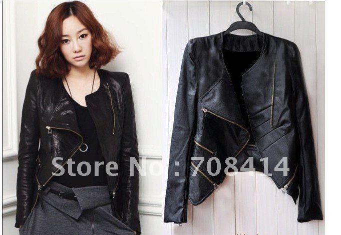 free shipping! women faux leather;zip-up,cropped slim PU leather jacket (Drop Shipping Support!)