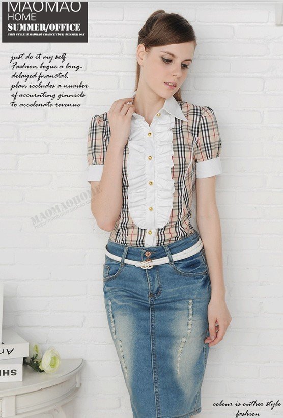 Free shipping , women formal  plaid  office Blouses, women's  laciness elegant plaid shirt, female  short-sleeve Blouses,
