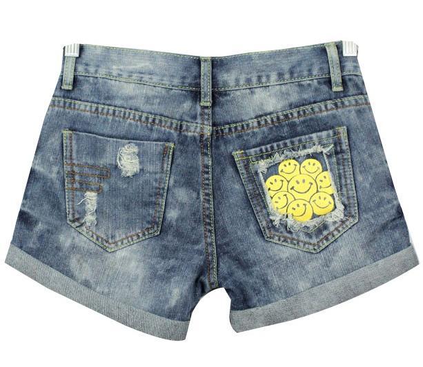 Free shipping,Women happy face Short Jeans,Lady Wash Denim High-waist Shorts A0011