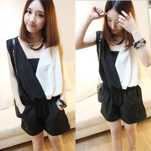 Free shipping Women Korean version Siamese shorts  Strapless black and white chiffon jumpsuit pants coveralls Female