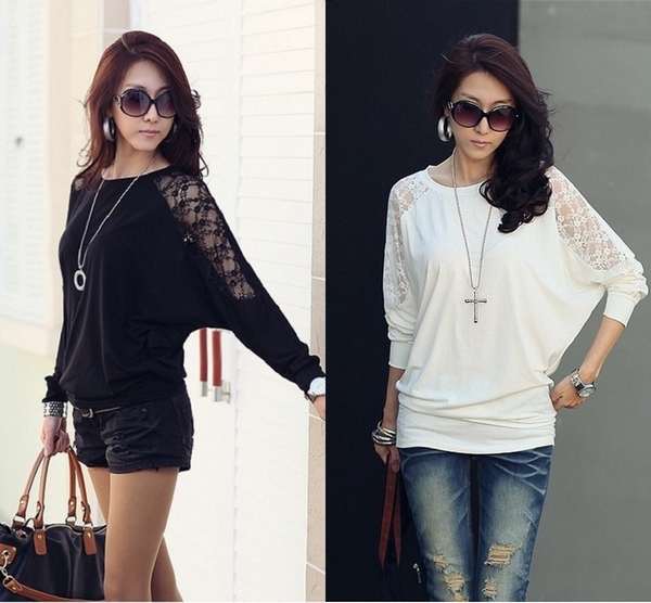Free Shipping Women Lace Shirt Long Batwing Sleeve Round Neck White Black Loose Blouse in 2013 Spring Autumn A1043