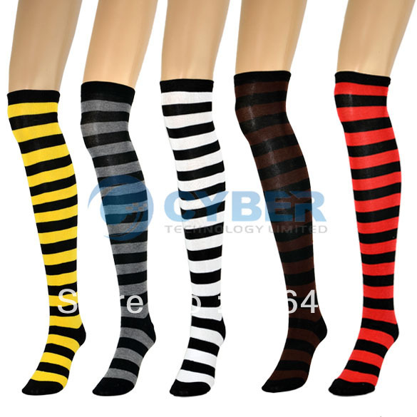 Free Shipping Women Ladies High Knee Socks Cotton Stripes Dance Team School Sports Stocking 8148