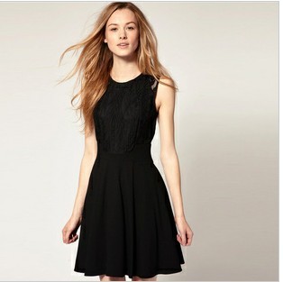 Free shipping!  Women /Ladies  Round Neck Black Slim Lace Dress Black Dress Short Evening Party  Gown