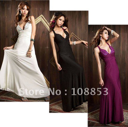 Free Shipping Women Ladies Sexy Low Cut V-Neck Strappy Backless Jewel Full-Length Evening Gown Long Dress