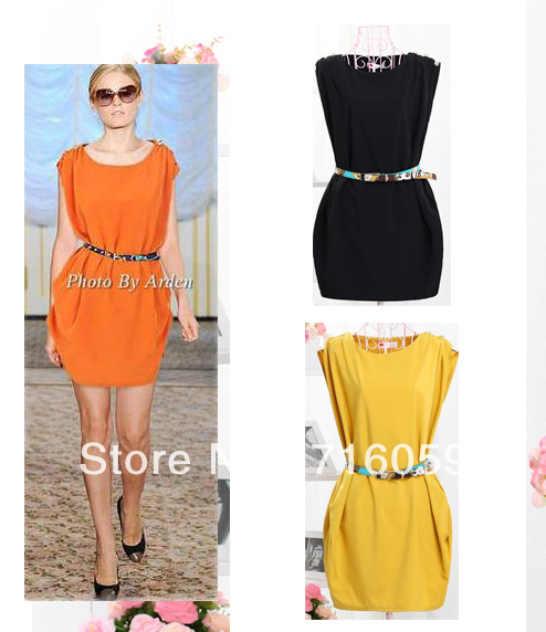 FREE SHIPPING women ladies sleeveless dress tunic dress crew neck button shoulder dress with belt black&orange&yellow