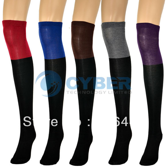 Free Shipping Women Ladies Two Tone Thigh Knee High Socks Cotton High Leggings Stocking 8147