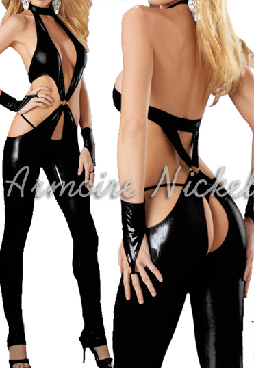 Free shipping Women Lady Black PU Cire Velcro Collar With G-string Gloves Sexy Leather Club Costume[N844]