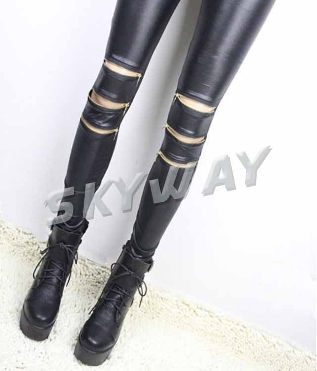Free Shipping Women Leather Bamboo Black Sexy Spike Pants Tights Leggings Socks Legging   Pantyhose With Zipper Wholesale