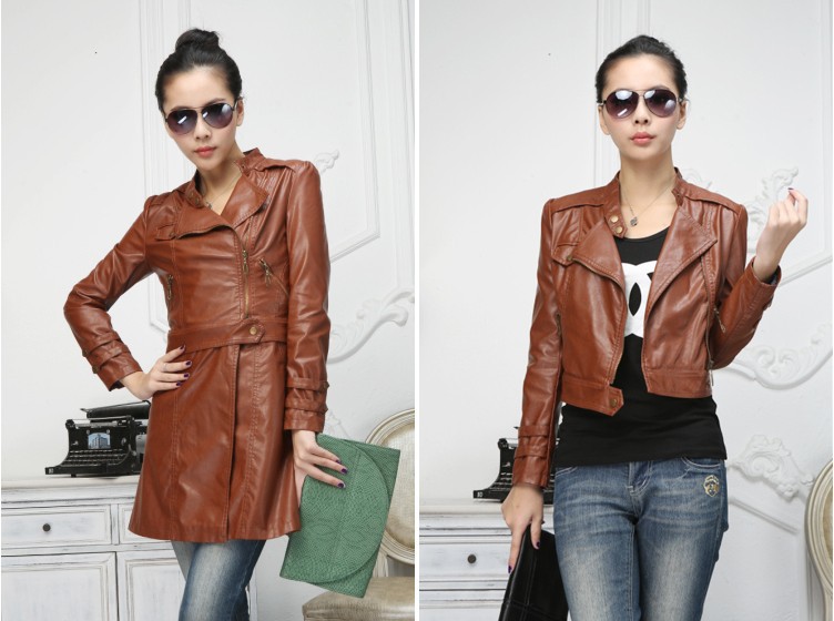 Free shipping women leather jacket Short jackets transformation long jacket lady slim large size dress leather jacket coat