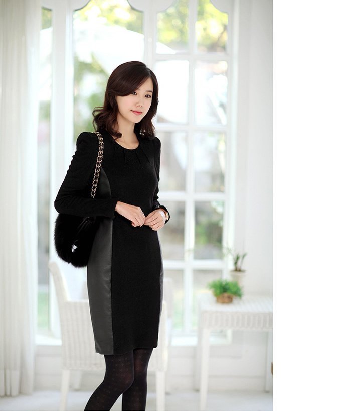 Free shipping Women Long Sleeve Dress Wool and PU Leather tops 2013 New