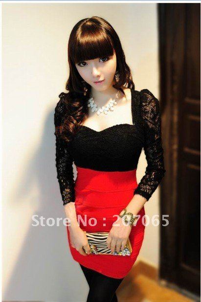 Free shipping+women long-sleeved sexy dress with lace+ chest pad  3colour