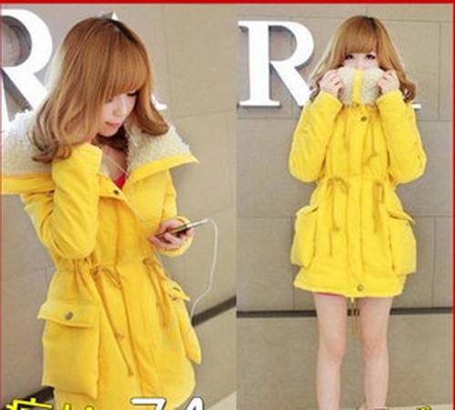 Free Shipping Women New Large Lapel Drawstring Coat/Winter Long Warm Thick Cotton Jacket Yellow Colour