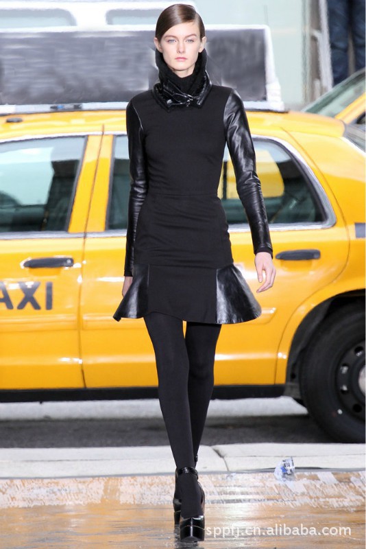 Free shipping  Women new sexy elegant couture vintage PU leather long sleeve dress