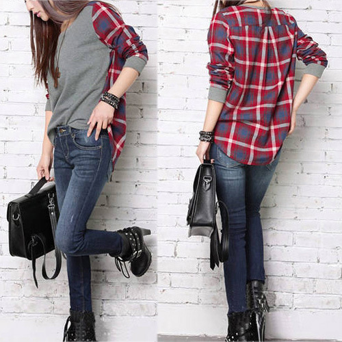 Free shipping Women New Style Plaid Patchwork Mullet Crewneck Top Blouse ws95
