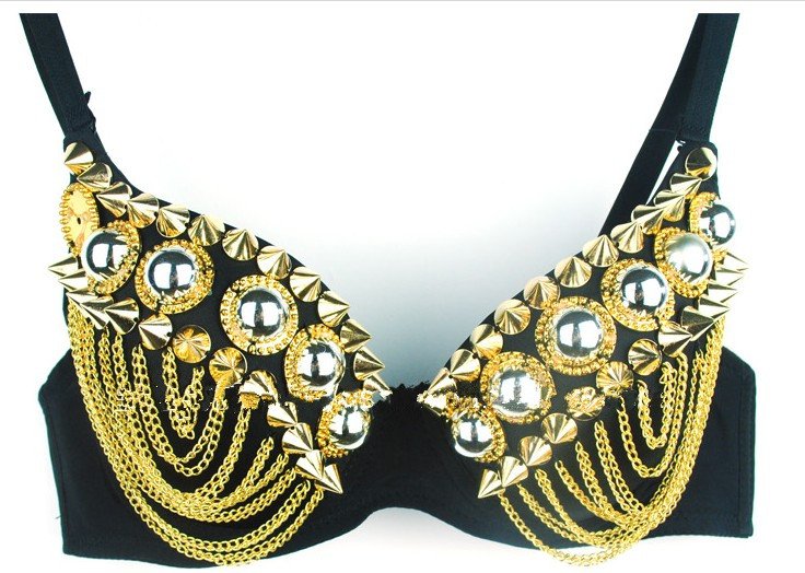 FREE SHIPPING  Women Party Disco  Rivets Stud Design Sexy Bra Metallic Punk Dance Bra