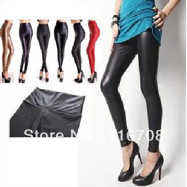 Free Shipping Women PU Leather Black Shiny Leggings High-waist Stretch Material Pants Ladies Fashion Tights jeathers lg001