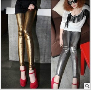free shipping women PU leather elastic slim leggings gold and silver shinny  feet pencil pants with high quality