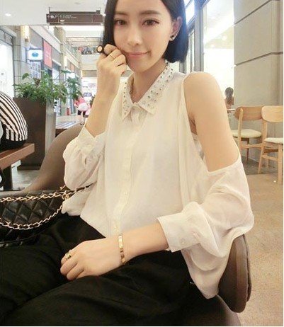 Free Shipping Women Punk Black Sexy chiffon Yarn halter off shoulder rivet perspective lapel shirts/Blouse Drop Shipping FH-054