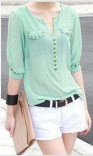 Free Shipping Women Punk Mint green Sexy chiffon Yarn halter rivet perspective shirts/Blouse Drop Shipping FH-052