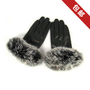 Free shipping women Rabbit fur sheepskin  leather women soft red black gloves winter thickening femal mittens