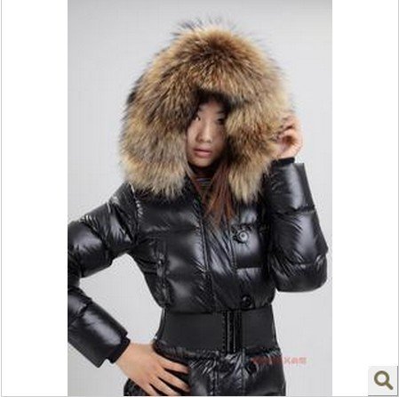 Free shipping women Raccoon fur collar long black coat down jacket